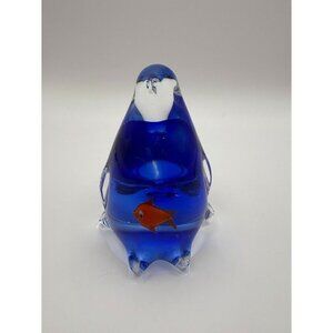 Murano Sommerso Glass Penguin Paperweight Sculpture with Fish Inside